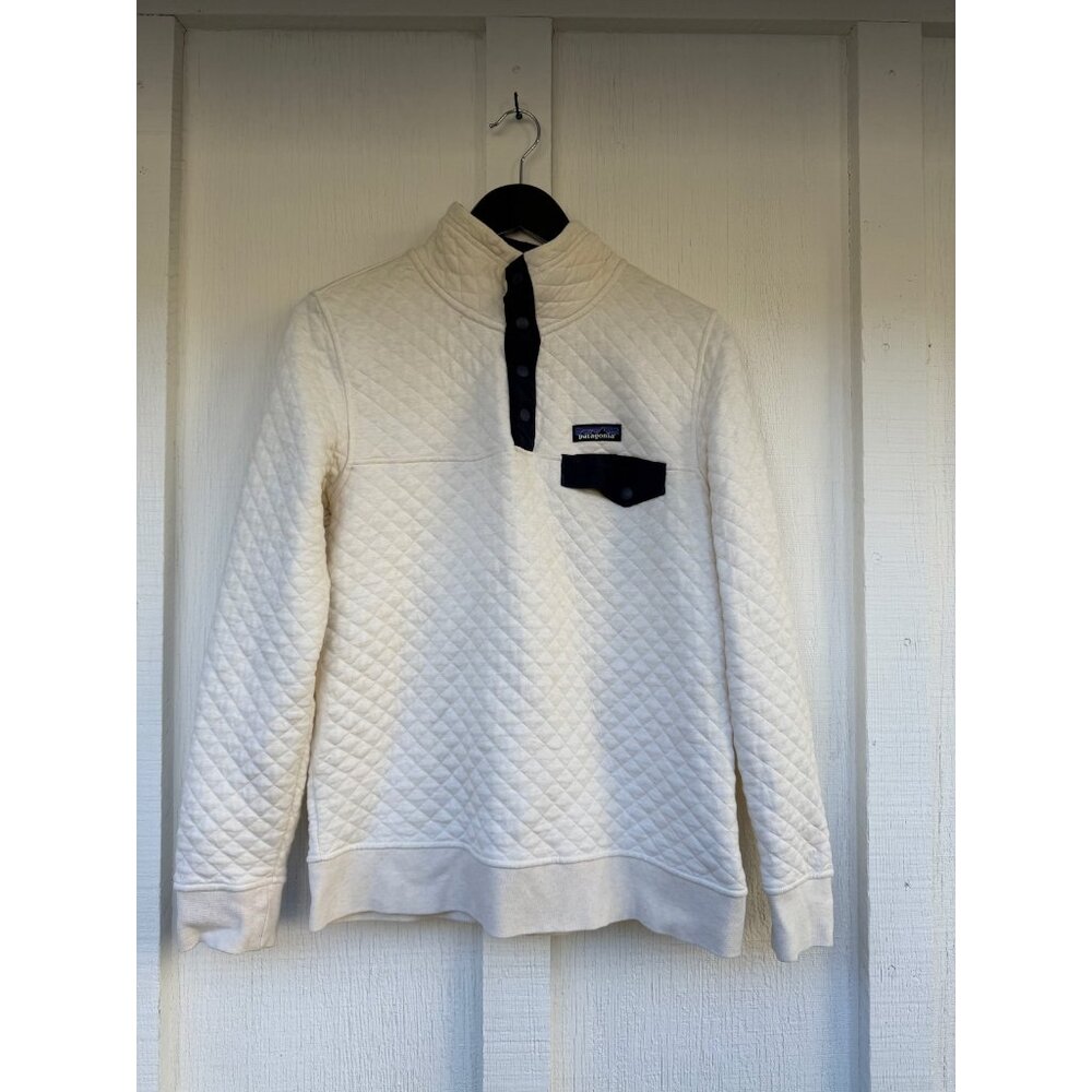 Patagonia Women's S Organic Cotton 1/4 Snap Button Quilted Pullover Cream/Navy